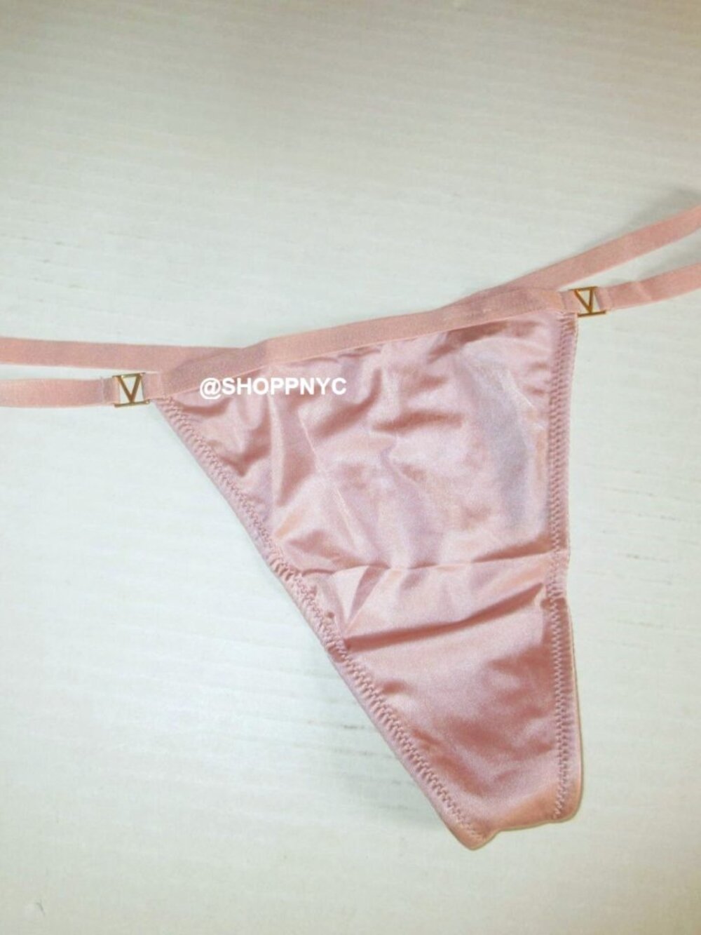 Victoria Secret Very Sexy Satin V-String Thong Panty  Pink Blush Gold Logo